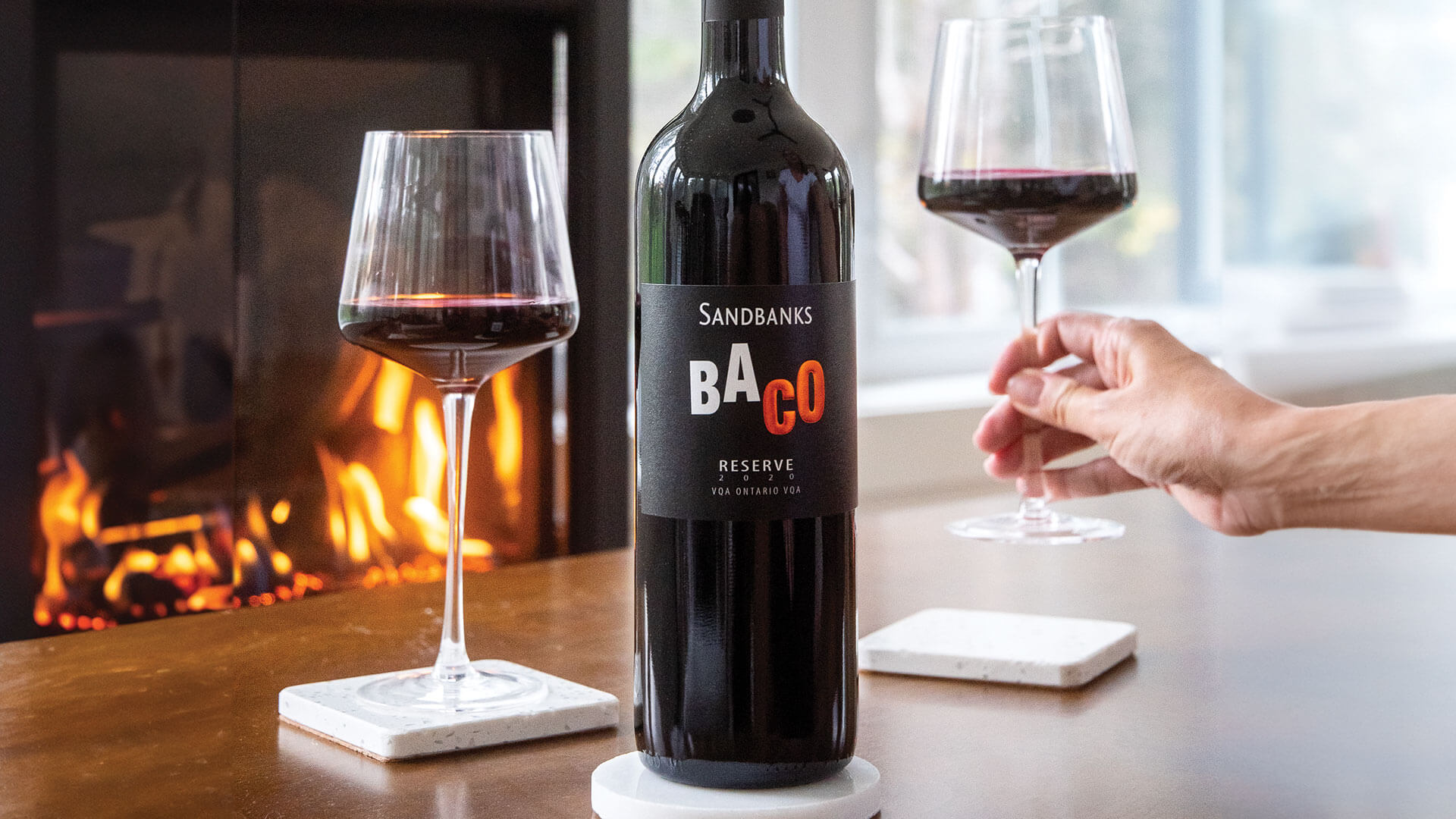 A bottle of Sandbanks Baco Reserve